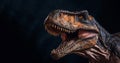 Trex, Tyrannosaurus rex.Head close of Green Dinosaur Tyrannosaurus Rex with open mouth in attack position dark