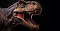 Trex, Tyrannosaurus rex.Head close of Green Dinosaur Tyrannosaurus Rex with open mouth in attack position dark