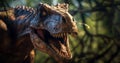 Trex, Tyrannosaurus rex.Head close of Green Dinosaur Tyrannosaurus Rex with open mouth in attack position dark