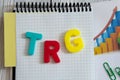 TRG - an abbreviation in multi-colored letters lies on a notebook against the background of a graph