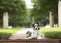Tri colored aussie lays on flagstone walkway in park with stone pillars