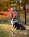 Tri colored Pembroke Welsh corgi sitting outside in a park with colorful fall foliage in the background.