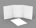 Tri-fold Blank white reinforced A4 single pocket folder catalog on grey background for mock up. 3D rendering. Royalty Free Stock Photo