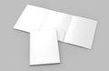 Tri-fold Blank white reinforced A4 single pocket folder catalog on grey background for mock up. 3D rendering. Royalty Free Stock Photo