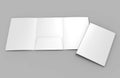 Tri-fold Blank white reinforced A4 single pocket folder catalog on grey background for mock up. 3D rendering. Royalty Free Stock Photo