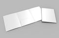 Tri-fold Blank white reinforced A4 single pocket folder catalog on grey background for mock up. 3D rendering. Royalty Free Stock Photo