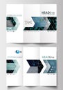 Tri-fold brochure business templates. Easy editable layout in flat design. Virtual reality, color code streams glowing