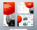 Tri fold brochure design. Red business template for tri fold flyer. Layout with modern circle photo and abstract Royalty Free Stock Photo