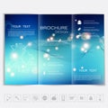 Tri-Fold Brochure mock up vector design. Smooth unfocused bokeh background with waves and shiny elements.