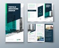 Tri fold green brochure design with square shapes, corporate business template for tri fold flyer. The template is white Royalty Free Stock Photo