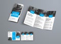 Tri-fold vector brochure template with blue rectangular elements