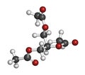 Triacetin (glycerin triacetate) molecule. 3D rendering. Atoms are represented as spheres with conventional color coding: hydrogen