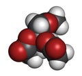 Triacetin (glycerin triacetate) molecule. 3D rendering. Atoms are represented as spheres with conventional color coding: hydrogen
