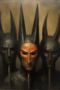 Triad of Dark Tribal Masks. AI generation