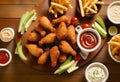 A Triad of Tempting Treats Ã¢â¬â Crispy Wings, Golden Rings, and Crunchy Fries, United in Delicious Harmony