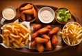 A Triad of Tempting Treats Ã¢â¬â Crispy Wings, Golden Rings, and Crunchy Fries, United in Delicious Harmony