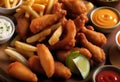 A Triad of Tempting Treats Ã¢â¬â Crispy Wings, Golden Rings, and Crunchy Fries, United in Delicious Harmony