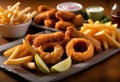 A Triad of Tempting Treats Ã¢â¬â Crispy Wings, Golden Rings, and Crunchy Fries, United in Delicious Harmony