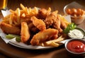 A Triad of Tempting Treats Ã¢â¬â Crispy Wings, Golden Rings, and Crunchy Fries, United in Delicious Harmony