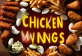 A Triad of Tempting Treats Ã¢â¬â Crispy Wings, Golden Rings, and Crunchy Fries, United in Delicious Harmony