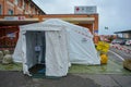 Triage tent in front of an italian hospital. Entrance of emergency triage tent in Pisa, Italy