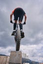 Trial Bike jumping, wheel closeup Royalty Free Stock Photo