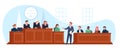 Trial in courtroom. Lawyer asks questions to witness. Courthouse interior. Judge and jury at wooden tribunes. Law Royalty Free Stock Photo