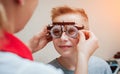Trial frame. Glasses for a little boy. Ametropia correction with glasses. Royalty Free Stock Photo