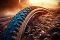 Trial sports bike wheel in the sun shine. Close up view of a mountain bike wheel. Royalty Free Stock Photo