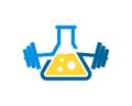 Triangle bottle laboratory with gym barbell and yellow liquid