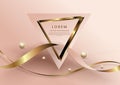 Triangle frame decor dolden ribbon with light effect and ball on rose gold background. Luxury style