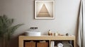 Triangle Framed Photo Above Bathroom Sink: Warm Tones And Living Materials