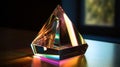Triangle glass prism on wooden table