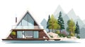 Triangle house in nature. Transparent holiday building with wood terrace, ideal for glamping and glam camping on river Royalty Free Stock Photo