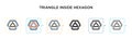 Triangle inside hexagon vector icon in 6 different modern styles. Black, two colored triangle inside hexagon icons designed in