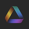 Triangle logo triangular geometric shape, overlap thin parallel lines, colorful vibrant gradient weaving linear pattern
