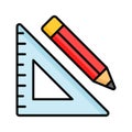 Triangle measurement ruler with pencil, concept icon of stationery