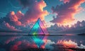 A triangle is in the middle of a body of water with a beautiful sunset in the background. Royalty Free Stock Photo