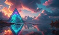 A triangle is in the middle of a lake with a beautiful sunset in the background. Royalty Free Stock Photo