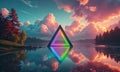 A triangle is in the middle of a lake, surrounded by trees and a beautiful sunset. Royalty Free Stock Photo