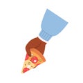 Triangle pizza piece in hand. Holding, taking Italian fast food slice,traditional snack with salami, pepperoni sausage