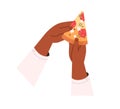 Triangle pizza piece with salami sausage. African-American hands taking, holding cut Italian snack, food slice with Royalty Free Stock Photo