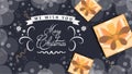 Merry Christmas card.Red Christmas and New Year Text on grey Xmas background with snow snowflake.Typography for Christmas and wint