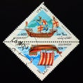 Triangle postage stamp Afghanistan 1997. Hanseatic Cog and North European Dromon