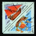 Triangle postage stamp Afghanistan 1997. Venetian Freighter and North European Merchant Ship