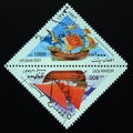 Triangle postage stamp Afghanistan 1997. Venetian Freighter and North European Merchant Ship