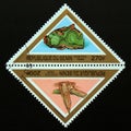 Triangle postage stamp Benin 1998. Aragonit, malachit mineral gemstone