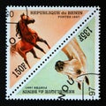 Triangle postage stamp Benin 1997. Horse Equus ferus caballus