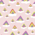 Triangle rainbow texture with clouds. Cute seamless pattern, cartoon vector illustration for nursery fabric, background, wallpaper