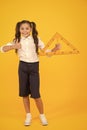 Triangle right angle. Knowledge day. Schoolgirl school uniform hold big ruler geometry school lesson. Math stem Royalty Free Stock Photo